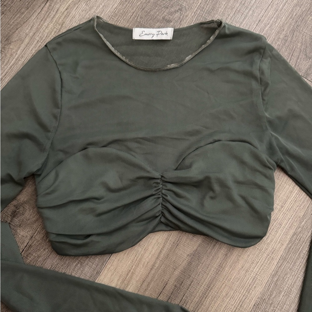 Olive Green Ruched Mesh Crop Top